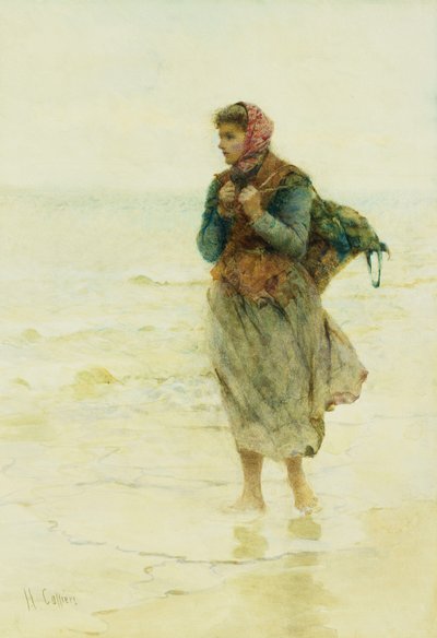"A Rising Tide, Jetsom and Flotsam": En ung tang-samler ved vandkanten, af Hector Caffieri