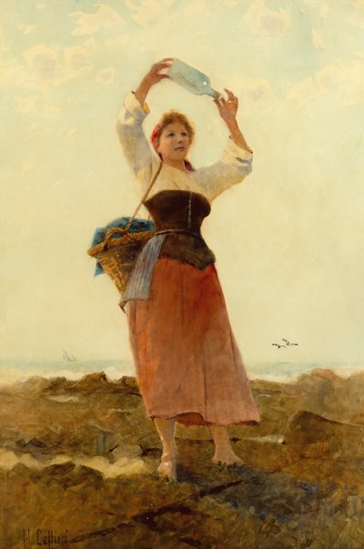 Pige med flaskepost (akvarel) af Hector Caffieri