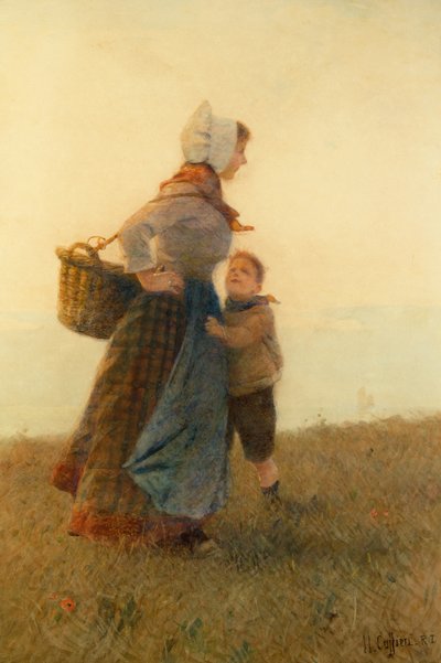 Kvinde og barn (akvarel) af Hector Caffieri