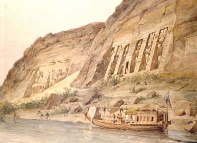 Abu Simbel set fra Nilen. Akvarel af Hector Horeau (1801-1872), fransk arkitekt. Nærmest er Hathors tempel. Længst væk er statuer af Ramses II (regerede ca. 1304-1273 f.Kr.) uden for hovedtemplet. Arkæologi Egyptisk husbåd af Hector Horeau