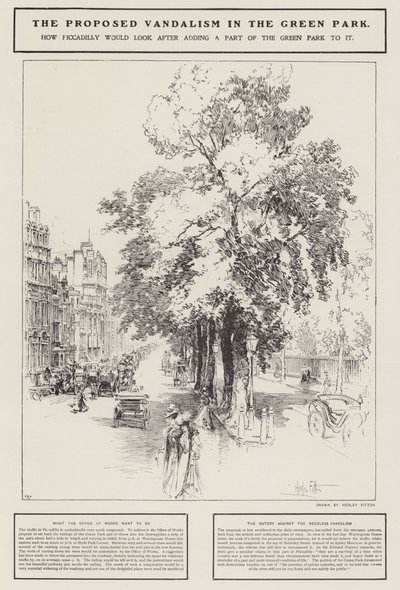 Det foreslåede hærværk i Green Park, London (litho) af Hedley Fitton