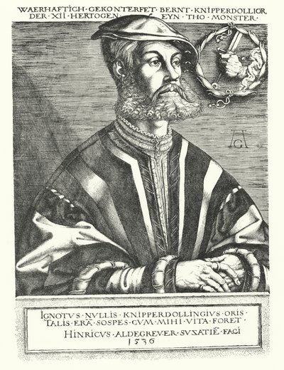 Bernhard Knipperdolling, tysk anabaptistleder og en af lederne af Munster-oprøret 1534-1535 (gravering) af Heinrich (after) Aldegrever