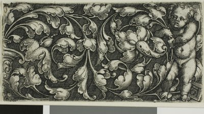 En dobbelt rulle med bladornament med en putto stående til højre af Heinrich Aldegrever