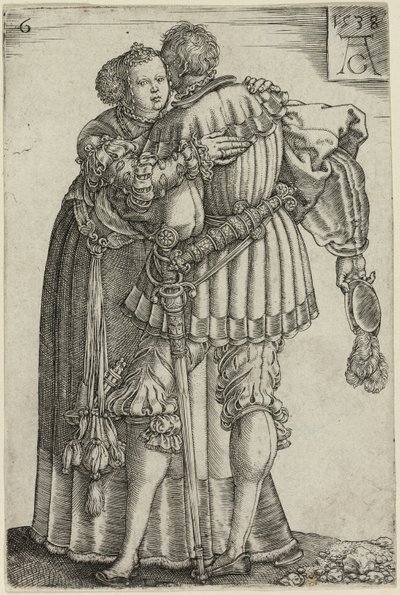 Couple Embracing, tallerken seks fra The Large Wedding-Dancers af Heinrich Aldegrever