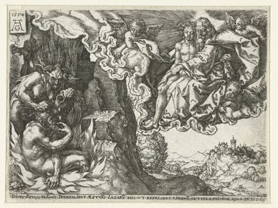 Den rige mand i helvede ser Abraham med Lazarus Lignelse om Lazarus og den rige mand (serietitel) af Heinrich Aldegrever