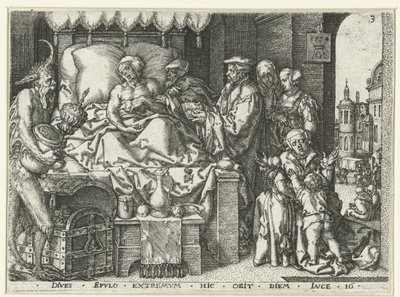 Den rige mand på sit dødsleje Lignelse om Lazarus og den rige mand (serietitel) af Heinrich Aldegrever