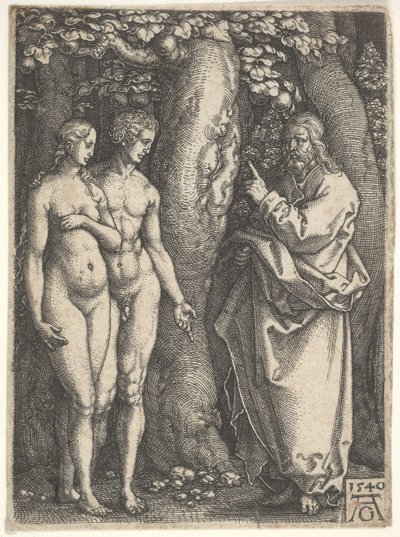 Gud til højre forbyder de nøgne Adam og Eva til venstre at spise af kundskabens træ i..., 1540. af Heinrich Aldegrever