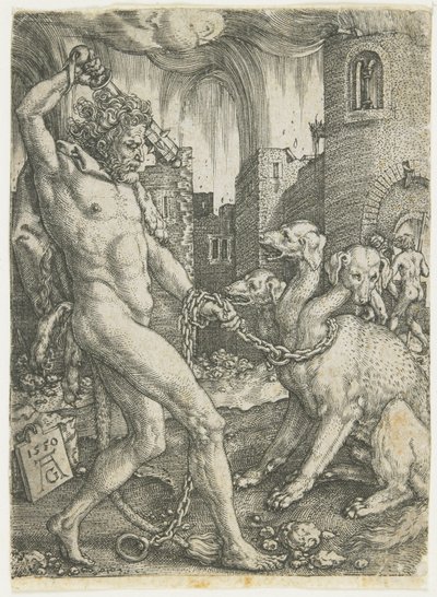 Hercules Chains Cerberus, 1550 af Heinrich Aldegrever