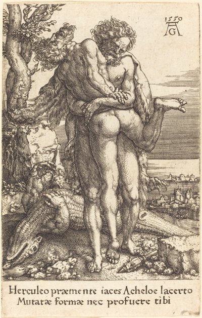 Hercules kæmper mod floden Gud Achelous af Heinrich Aldegrever