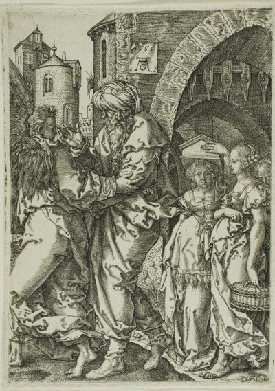 Lot og hans familie flygter fra Sodoma, fra historien om Lot af Heinrich Aldegrever