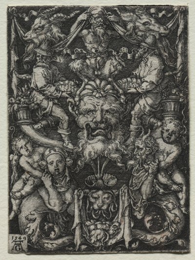 Ornamentdesign med en maske, et par tritoner og to børn nedenfor, 1549. af Heinrich Aldegrever