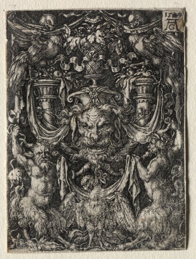 Ornamentdesign med en maske og en ørn mellem to fauner nedenfor af Heinrich Aldegrever