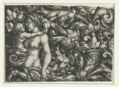Ornament med bladranker og en kvindelig triton med barn af Heinrich Aldegrever