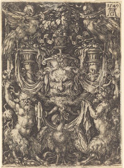 Ornament med maske, Eagle between Satyrs Below, 1549. af Heinrich Aldegrever