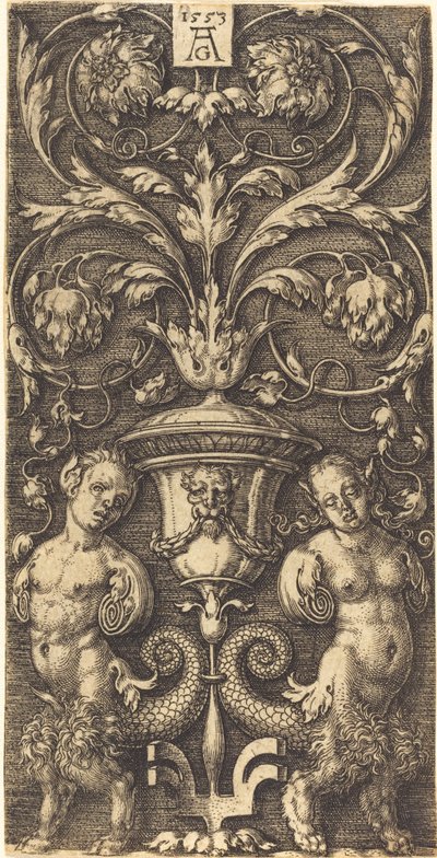 Ornament med vase og to kvindefigurer, 1553. af Heinrich Aldegrever