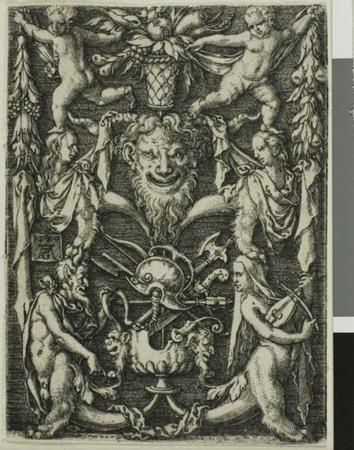 Ornamental design med et par satyrer, børn og et trofæ af Heinrich Aldegrever