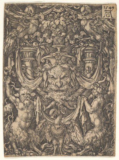 Ornamental design med en maske og en ørn mellem to fauner nedenfor, 1549. af Heinrich Aldegrever