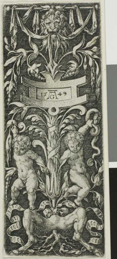 Ornamentpanel med to nøgne drenge, der står på benene af en satyr af Heinrich Aldegrever