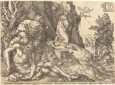 Den barmhjertige samaritaner tjener den rejsende, 1554. af Heinrich Aldegrever
