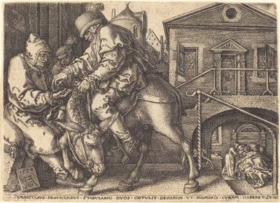 Den barmhjertige samaritaner betaler for den rejsendes logi, 1554. af Heinrich Aldegrever