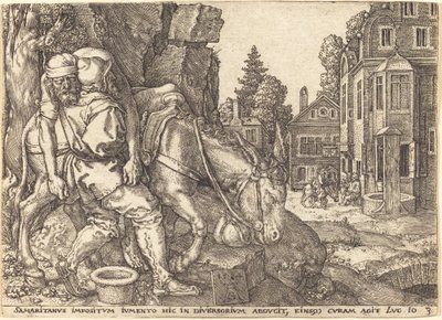 Den barmhjertige samaritaner placerer den rejsende på et muldyr, 1554. af Heinrich Aldegrever