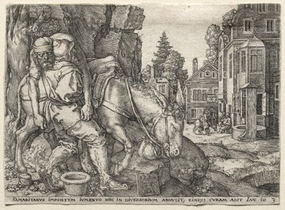 Lignelsen om den barmhjertige samaritaner: Den barmhjertige samaritaner sætter den rejsende på sit æsel, 1554. af Heinrich Aldegrever