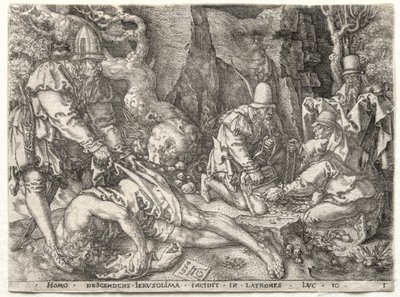 Lignelsen om den barmhjertige samaritaner: Røverne angreb de rejsende, 1554. af Heinrich Aldegrever