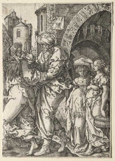 Historien om Lot: Lot og hans familie på flugt fra Sodoma, 1555. af Heinrich Aldegrever