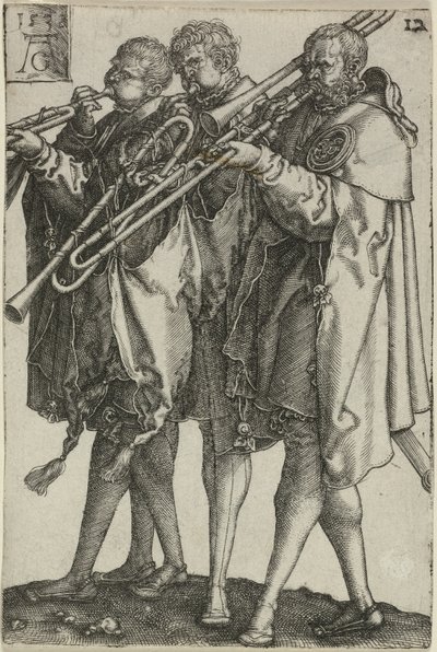 Tre trombonister, tallerken tolv fra The Large Wedding-Dancers af Heinrich Aldegrever