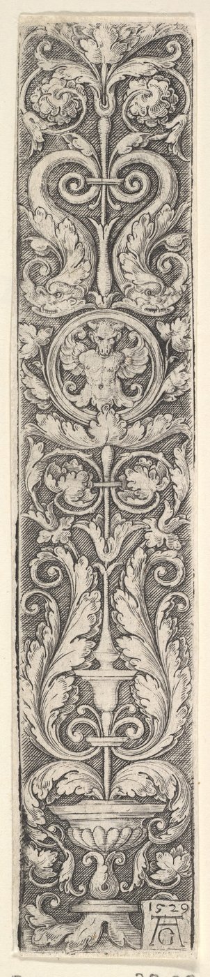Lodret panel med en kandelaber indeholdende en medaljon med en kentaur og et par dolp..., 1529. af Heinrich Aldegrever