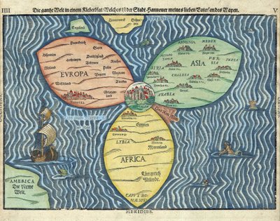 De tre kontinenter med Jerusalem i centrum af verden par Heinrich Buntig (Buentig)(1545-1606) af Heinrich Buntig