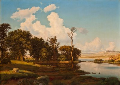 Danish: Dansk landskab, egetræer ved en sø. Danish Landscape, Oak Trees by a Lake. af Heinrich Buntzen