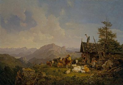 Landskab i Oberbayen med hyrder og deres kvæg hviler ved en hytte af Heinrich Burkel