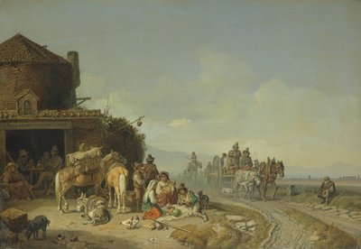 Rejsende før en Roadside Inn af Heinrich Burkel