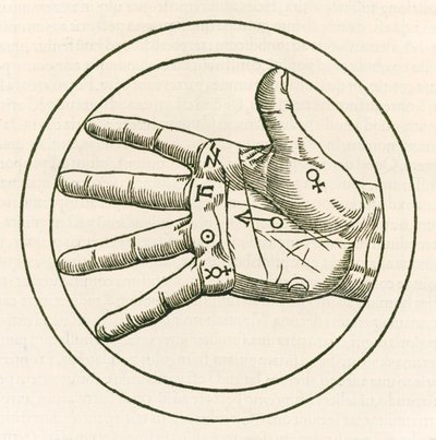 Håndfladekunstens håndgravering fra Heinrich Cornelius Agrippa von Nettesheim (1486-1535) De occulta philosophia libri tres (Tre bøger om okkult filosofi) udgivet i 1533. af Heinrich Cornelius Agrippa von Nettesheim