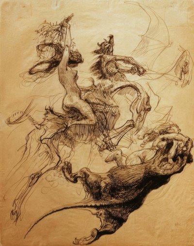 Nøgen kvinde på skelet og djævel, der rider pterodactyl af Heinrich Kley