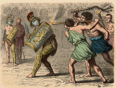 Det antikke Rom: En fej gladiator involveret i kampen, 1866 af Heinrich Leutemann