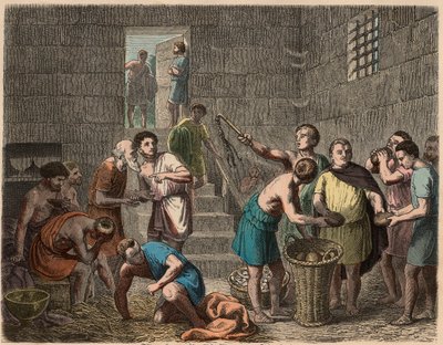 Det antikke Rom: uddeling af mad til slaver om aftenen, 1866 af Heinrich Leutemann