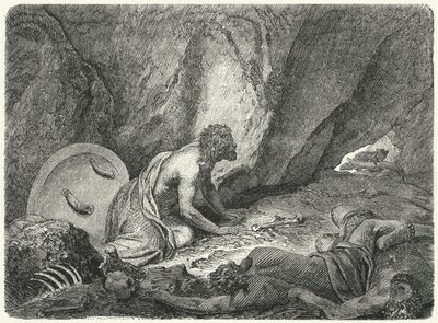 Aristomenes flygter fra brønden, hvori han var blevet kastet af spartanerne (gravering) af Heinrich Leutemann