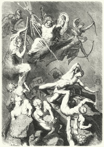 Kamp mellem de antikke græske guder og titanerne (gravering) af Heinrich Leutemann