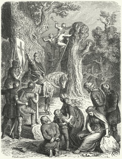 Karl den Store beordrer fældning af Irmensaule, saksernes hellige egetræ, 772 (gravering) af Heinrich Leutemann