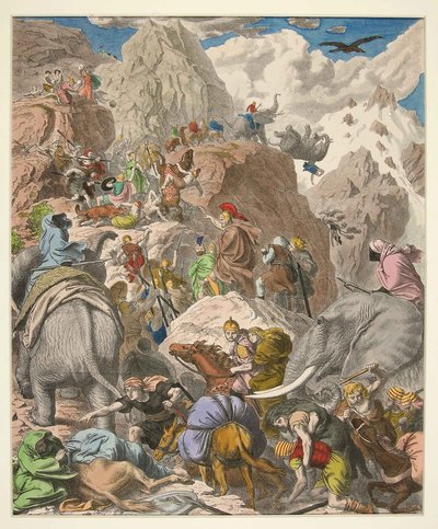 Hannibal Crossing the Alps, pub. 1866 (håndfarvet gravering) af Heinrich Leutemann
