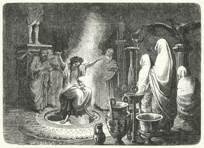 Pythia, ypperstepræstinde af Apollontemplet i Delphi (gravering) af Heinrich Leutemann