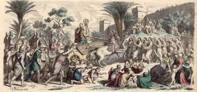 Modtagelse af en sejrrig assyrisk hær (farvet indgravering) af Heinrich Leutemann