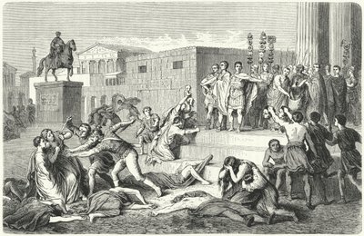 Triumviratet af Mark Antony, Marcus Aemilius Lepidus og Octavian proklamerer forbud mod deres politiske fjender, 43 f.Kr. af Heinrich Leutemann