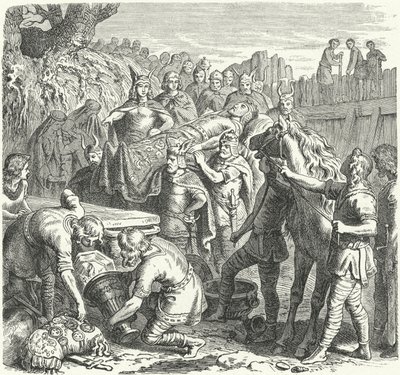 Begravelsen af Alarik I, vestgoternes konge, i lejet af floden Busento, 410 (gravering) af Heinrich Leutemann