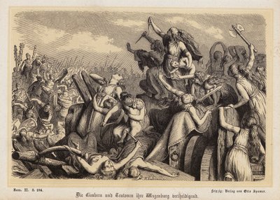 Kvinder fra Kimbrerne og Teutonerne forsvarer deres bagagetog mod romerne (kobberstik) af Heinrich Leutemann