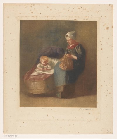 Håndværk kvinde ved siden af ​​et barn en krybbe af Heinrich M. Krabbé (signed by artist)