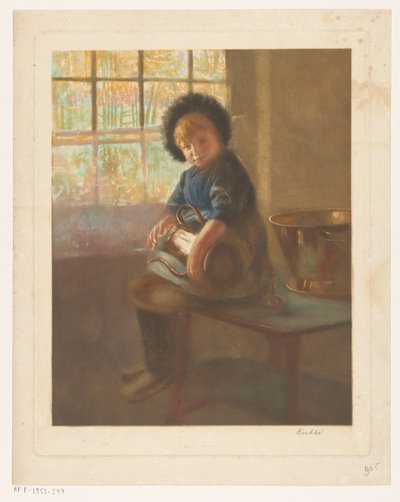 Pige, der polerer en kobbergryde af Heinrich M. Krabbé (signed by artist)