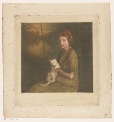 Pige med en kat på skødet af Heinrich M. Krabbé (signed by artist)